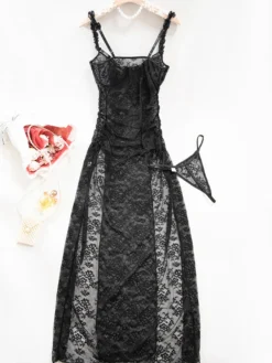 Nuisette longue noire à fleurs robe maxi en tulle transparent fendue dentelle lingerie sexy