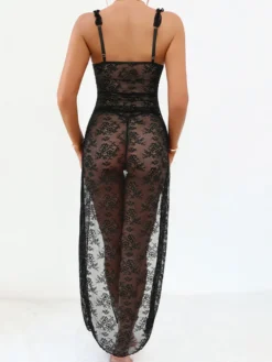 Nuisette longue noire à fleurs robe maxi en tulle transparent fendue dentelle lingerie sexy