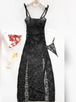 Nuisette longue noire à fleurs robe maxi en tulle transparent fendue dentelle lingerie sexy