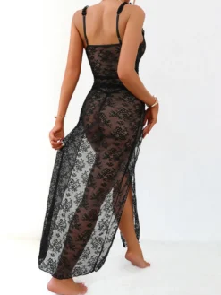 Nuisette longue noire sexy gainante dos nu découpée en polyester lingerie