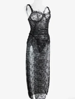 Nuisette longue noire sexy gainante dos nu découpée en polyester lingerie