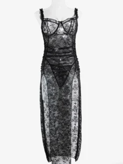 Nuisette longue noire sexy gainante dos nu découpée en polyester lingerie