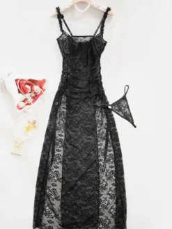 Nuisette longue noire sexy gainante dos nu découpée en polyester lingerie