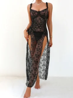 Nuisette longue noire sexy gainante dos nu découpée en polyester lingerie