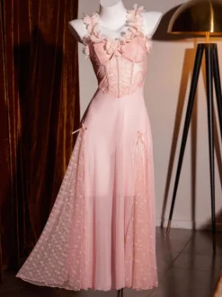 Nuisette longue rose en dentelle à fleurs et pois dos nu transparent lingerie sexy