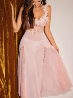 Nuisette longue rose en dentelle à fleurs et pois dos nu transparent lingerie sexy