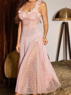Nuisette longue rose en dentelle à fleurs et pois dos nu transparent lingerie sexy