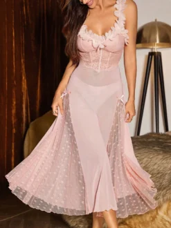 Nuisette longue rose en dentelle à fleurs et pois dos nu transparent lingerie sexy