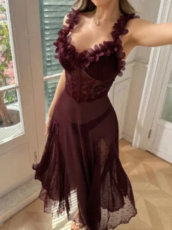 Nuisette longue rose en dentelle à fleurs et pois dos nu transparent lingerie sexy