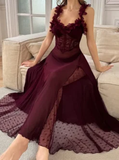 Nuisette longue rose en dentelle à fleurs et pois dos nu transparent lingerie sexy
