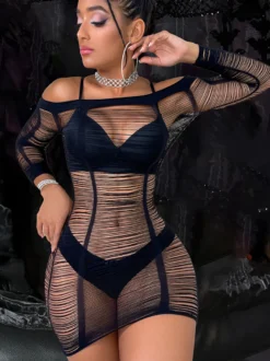 Nuisette Mini-Robe Transparent Col En Bateau En Maille Sexy