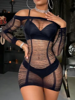 Nuisette Mini-Robe Transparent Col En Bateau En Maille Sexy
