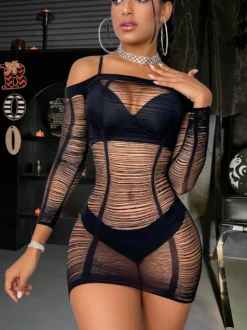 Nuisette Mini-Robe Transparent Col En Bateau En Maille Sexy