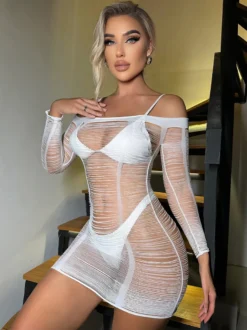 Nuisette Mini-Robe Transparent Col En Bateau En Maille Sexy
