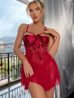 Nuisette Moulante Lingerie Sexy Femme avec Noeud avec Bretelles Coupe Cintrée Bas Evasée Unicolore