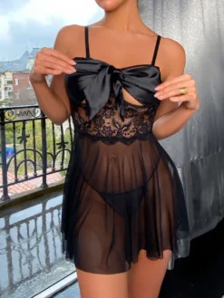 Nuisette Moulante Lingerie Sexy Femme avec Noeud avec Bretelles Coupe Cintrée Bas Evasée Unicolore