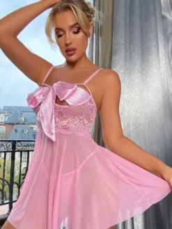 Nuisette Moulante Lingerie Sexy Femme avec Noeud avec Bretelles Coupe Cintrée Bas Evasée Unicolore