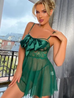 Nuisette Moulante Lingerie Sexy Femme avec Noeud avec Bretelles Coupe Cintrée Bas Evasée Unicolore