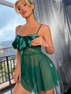 Nuisette Moulante Lingerie Sexy Femme avec Noeud avec Bretelles Coupe Cintrée Bas Evasée Unicolore