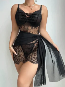 Nuisette noire à bordure en dentelle babydoll transparente en tulle lingerie de nuit