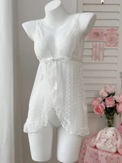 Nuisette rose en dentelle dos nu à pois roses transparents avec nœud papillon