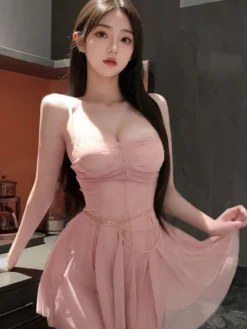 Nuisette rose en résille transparente avec corset à ouverture sur la poitrine
