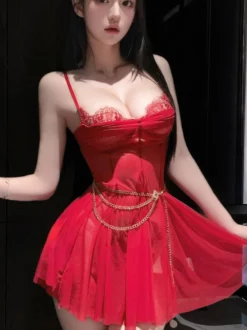 Nuisette rose en résille transparente avec corset à ouverture sur la poitrine