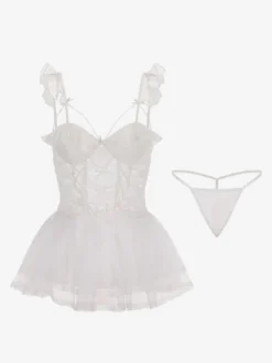 Nuisette sexy Babydoll blanche dos nu en dentelle avec nœud et volants