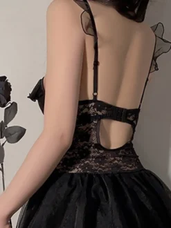 Nuisette sexy Babydoll blanche dos nu en dentelle avec nœud et volants