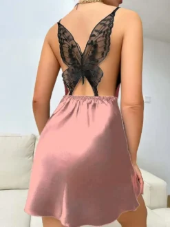 Nuisette sexy Babydoll en soie noire effet papillon