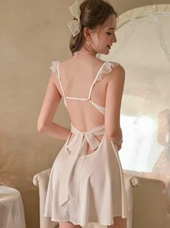 Nuisette sexy Babydolls Lingerie en dentelle blanche bicolore dos nu en satin rembourré