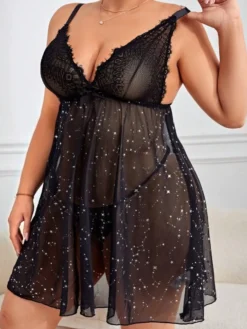 Nuisette sexy en maille noire 2 pièces pour femme grande taille