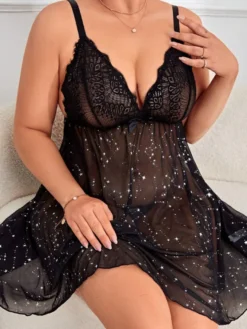 Nuisette sexy en maille noire 2 pièces pour femme grande taille