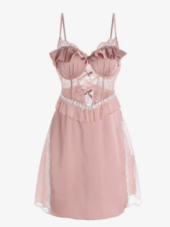 Nuisette sexy en satin rose poudré dentelle et tulle dos nu style babydoll.