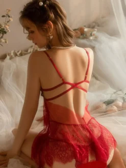 Nuisette Sexy Lingerie Dos Nu en Dentelle Blanche
