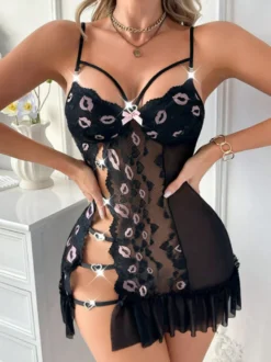 Nuisettes Lingerie Femme Rose Découpe Bicolore Fentes Hautes Polyester Sexy Vêtements de Nuit