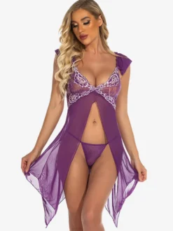 Nuisettes Lingerie Femme Violet Plissé Transparent Mousseline Sexy Vêtements de Nuit