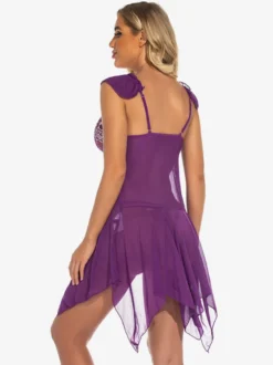 Nuisettes Lingerie Femme Violet Plissé Transparent Mousseline Sexy Vêtements de Nuit