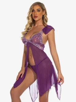 Nuisettes Lingerie Femme Violet Plissé Transparent Mousseline Sexy Vêtements de Nuit