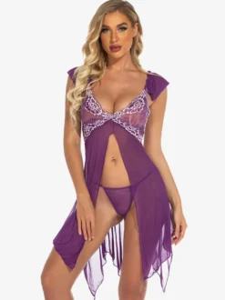 Nuisettes Lingerie Femme Violet Plissé Transparent Mousseline Sexy Vêtements de Nuit