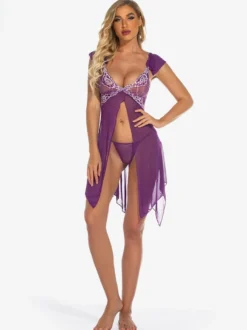 Nuisettes Lingerie Femme Violet Plissé Transparent Mousseline Sexy Vêtements de Nuit