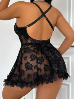 Nuisettes Lingerie Sexy Dentelle Noire Imprimé Floral Polyester 2 Pièces Robe Pyjama Vêtements de Nuit