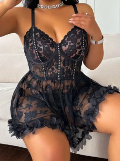 Nuisettes Lingerie Sexy Dentelle Noire Imprimé Floral Polyester 2 Pièces Robe Pyjama Vêtements de Nuit