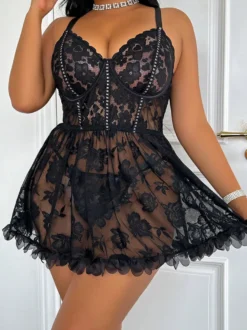 Nuisettes Lingerie Sexy Dentelle Noire Imprimé Floral Polyester 2 Pièces Robe Pyjama Vêtements de Nuit
