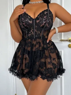 Nuisettes Lingerie Sexy Dentelle Noire Imprimé Floral Polyester 2 Pièces Robe Pyjama Vêtements de Nuit