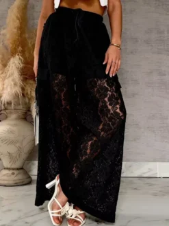 Pantalon blanc taille haute en dentelle florale à jambes larges