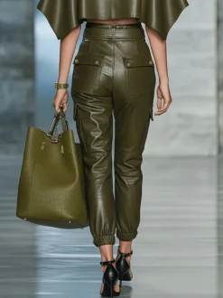 Pantalon cargo de jogging en similicuir pour femme taille haute ceinture et poches latérales