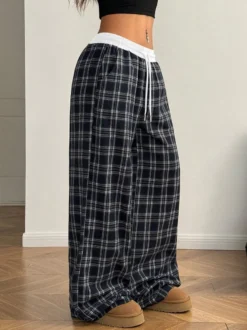 Pantalon à carreaux taille haute à cordon de serrage jambes larges coupe ample style streetwear décontracté pour femme