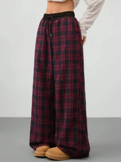 Pantalon à carreaux taille haute à cordon de serrage jambes larges coupe ample style streetwear décontracté pour femme