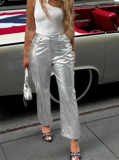 Pantalon de soirée décontracté argenté métallisé brillant à fente sur le devant taille haute en similicuir réfléchissant jambes larges pour femme